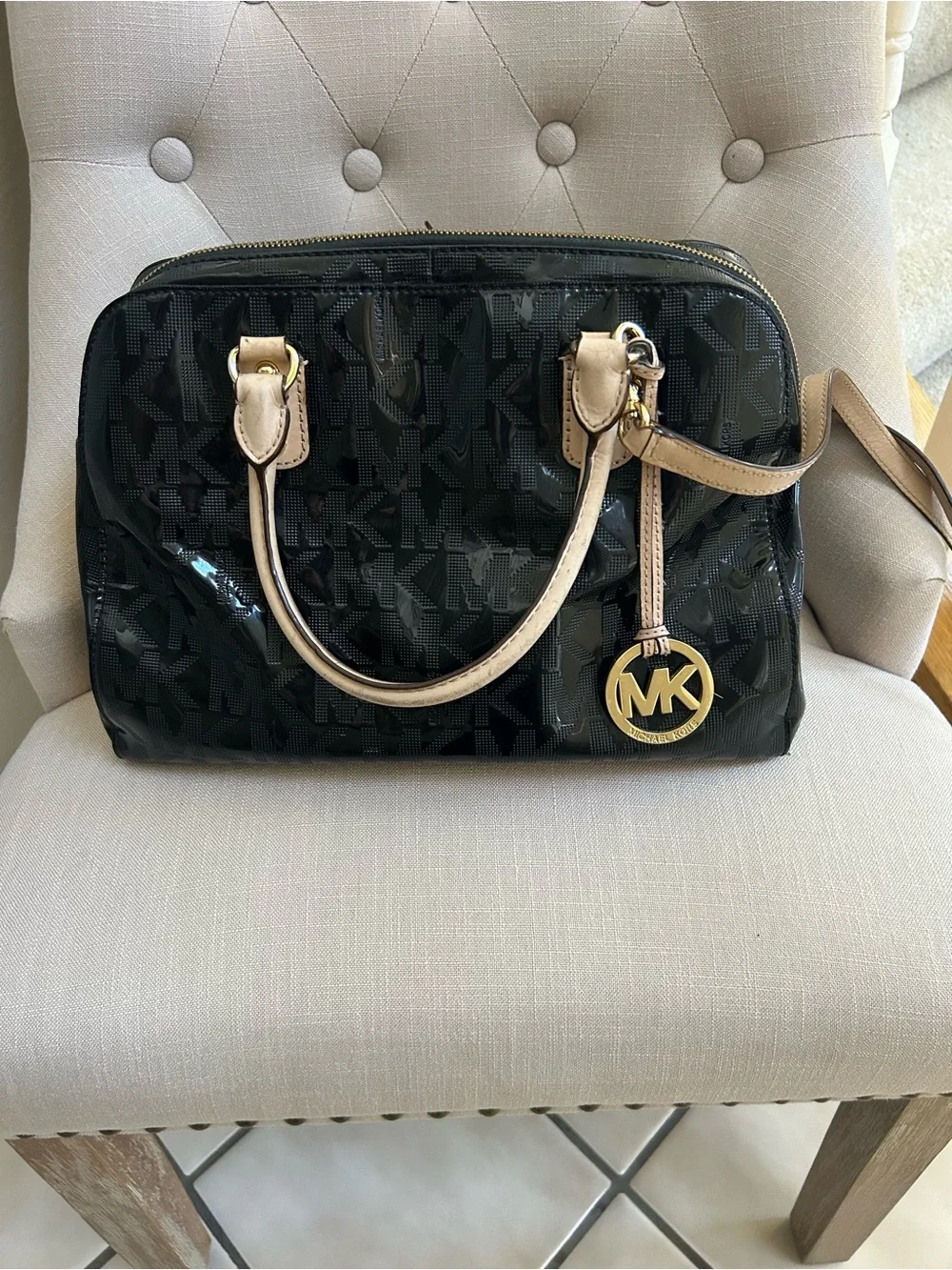 Michael Kors Black Patent Satchel with Beige Trim and MK Charm